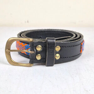Vintage ZINJ Black Leather Belt Beaded Aztec Pattern Orange Multi 38-43" Waist